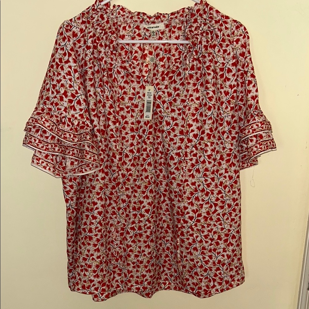 Max Studio Red Flutter Sleeve Blouse with Peter Pan Collar